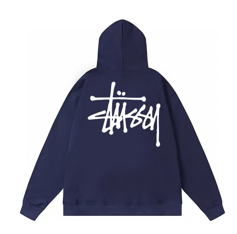 Navy blue hoodie with white logo on the back against a white background